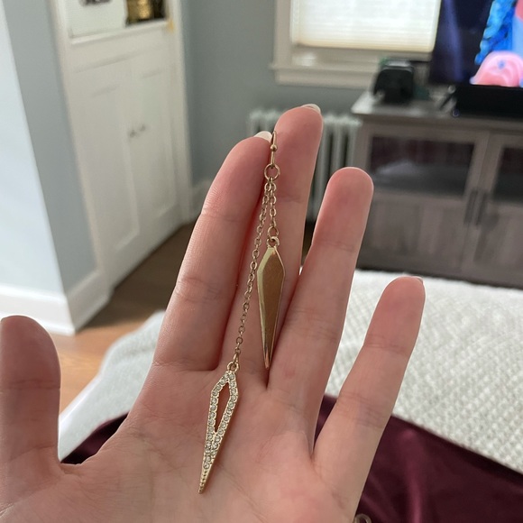 Two Strand Rhinestones & Gold Toned Dangle Earring - Picture 4 of 4